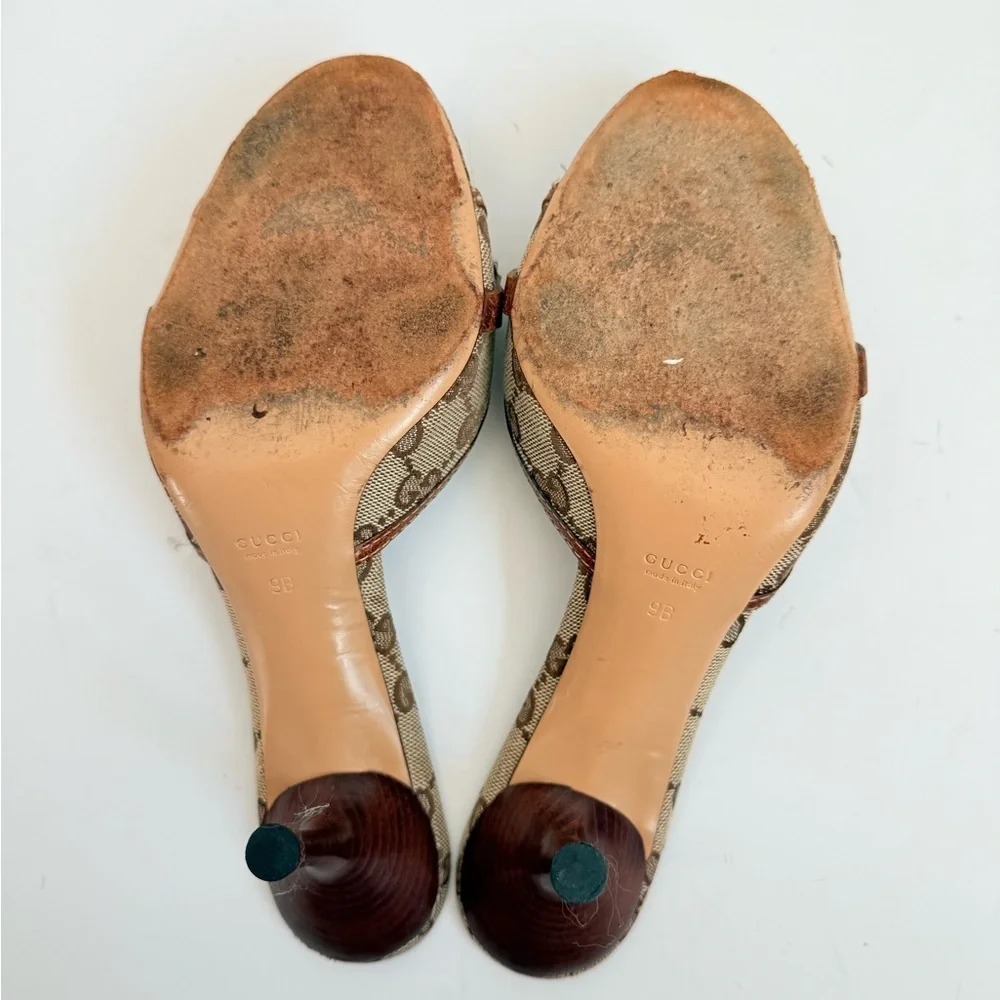 Gucci Brown Leather trim GG Supreme Canvas Bamboo Horsebit mule heels 9 - Picture 7 of 7